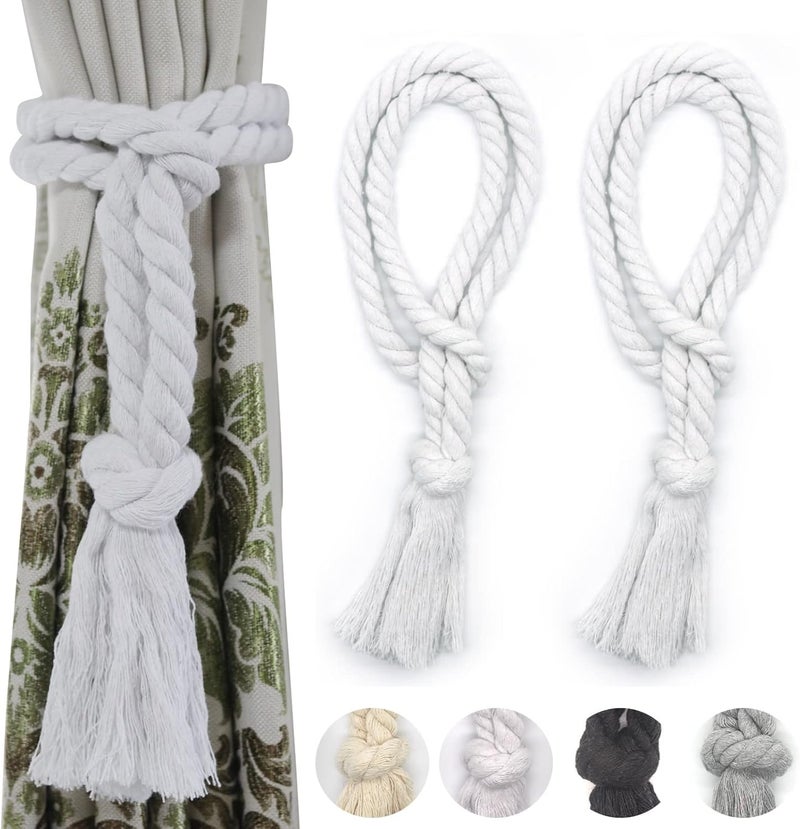 Yteseery Natural Cotton Curtain Tiebacks Decorative Boho Rope Holdbacks Rural Village Style Tassel Drapery Tieback, White 2 Pcs - Image 1